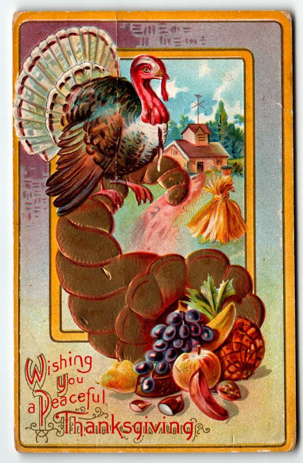 Wishing You a Peaceful Thanksgiving Postcard Turkey Cornucopia 1910