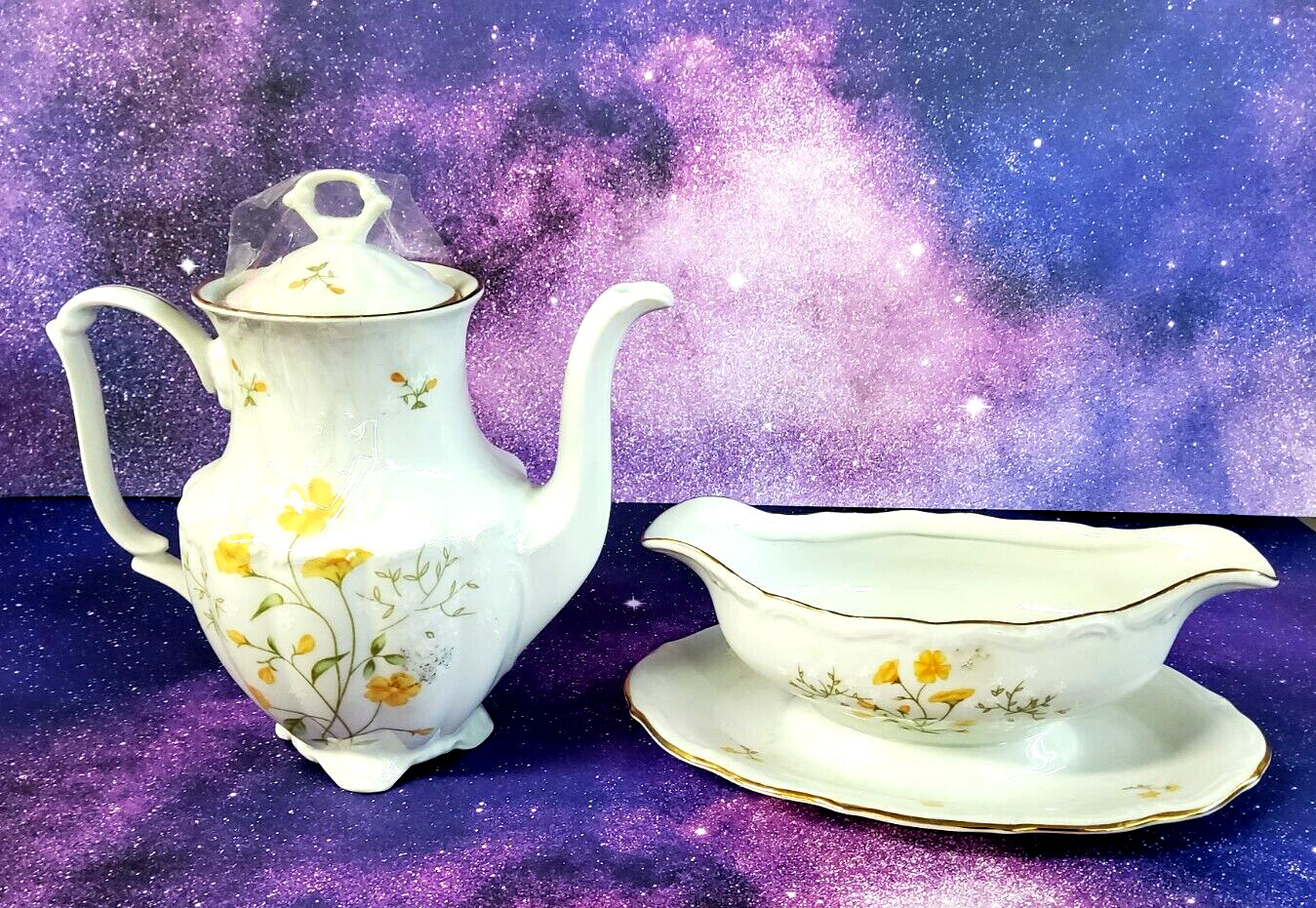 Vintage Walbrzych Poland floral yellow gold white porcelain teapot & Gravy Boat