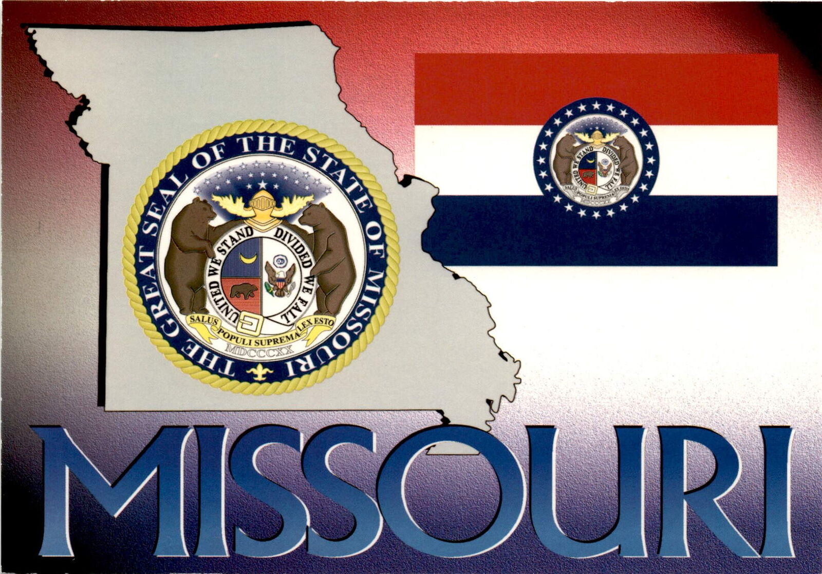The postcard features the Missouri seal with bears, eagle, and state motto.