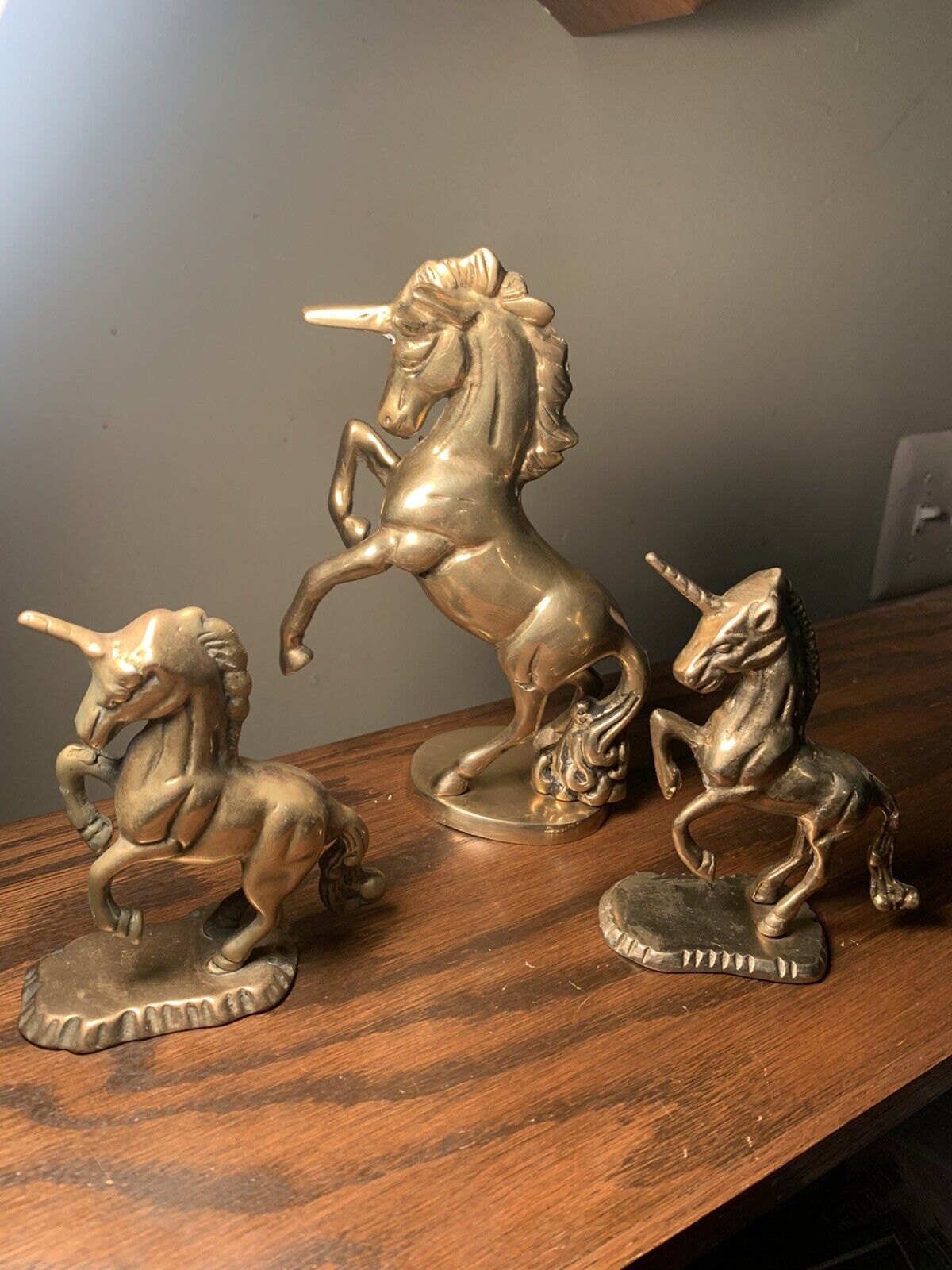 Vintage Solid  Brass Unicorn Lot Of (3) 7.5”, 4.75” And 4.5”  Mythical