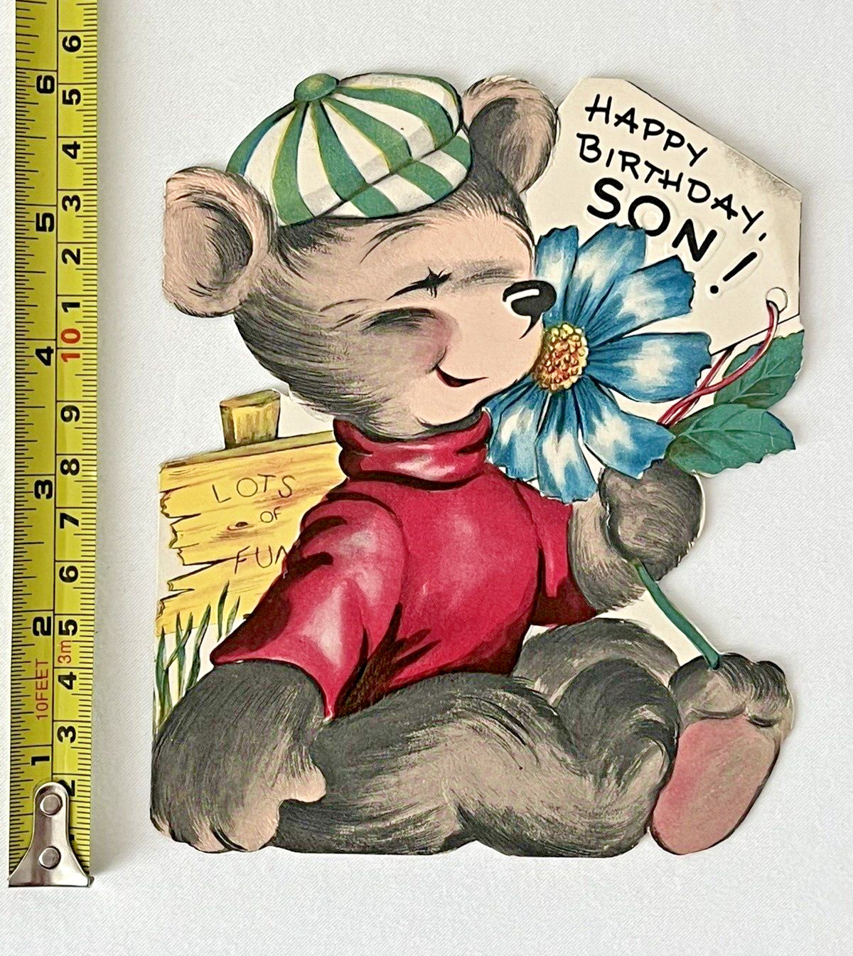 Vintage 1950s Birthday Son Bear Double Sided Embossed Die Cut Greeting Card MCM