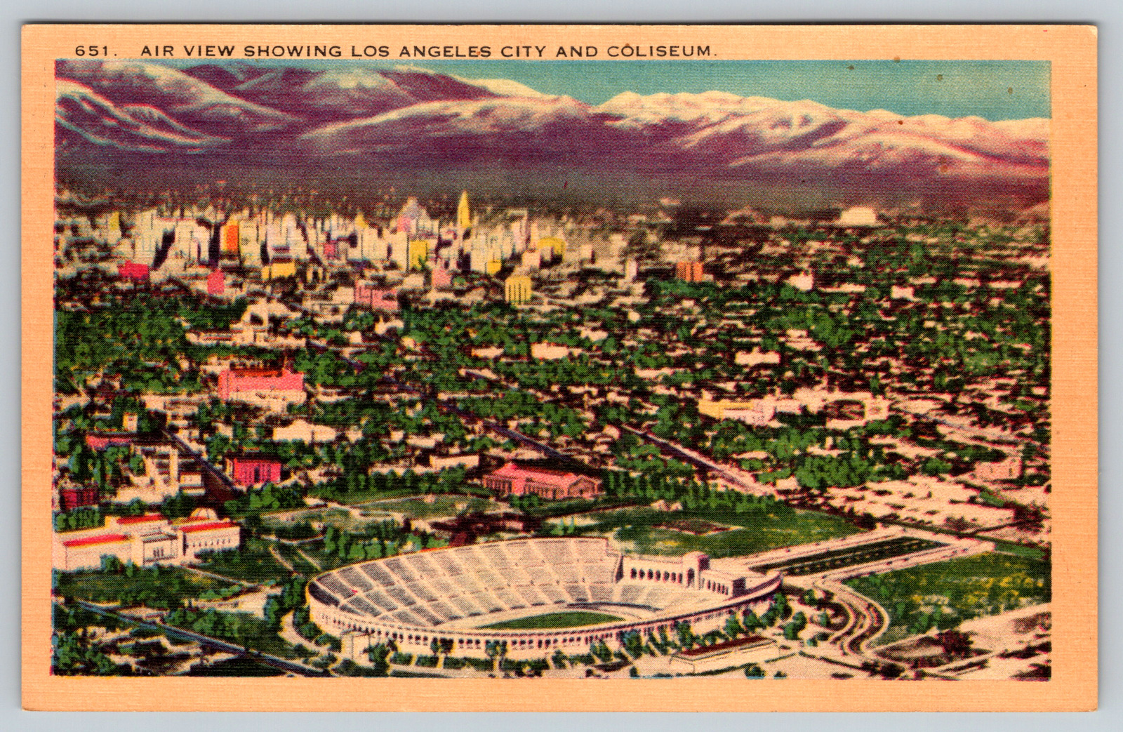c1940s Aerial Air View Los Angeles City Coliseum Linen Vintage Postcard