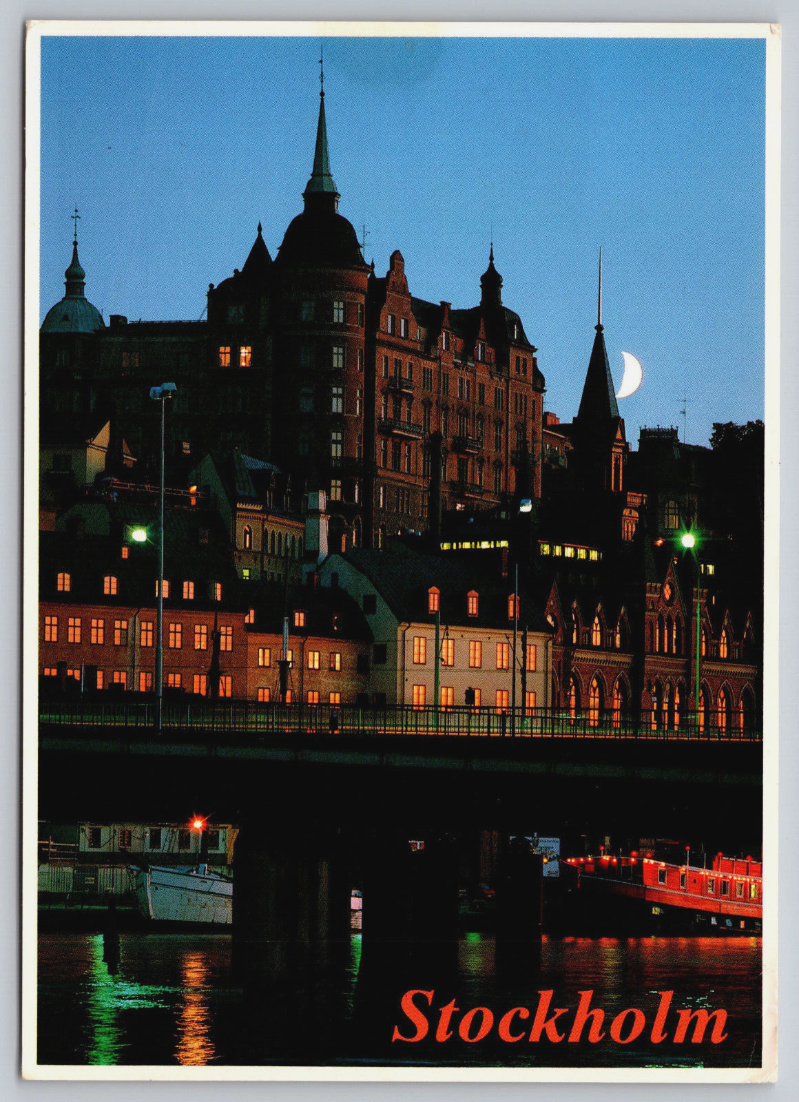 Stockholm, Sweden, Night Scene, Architecture Bridge Water, Vintage Postcard
