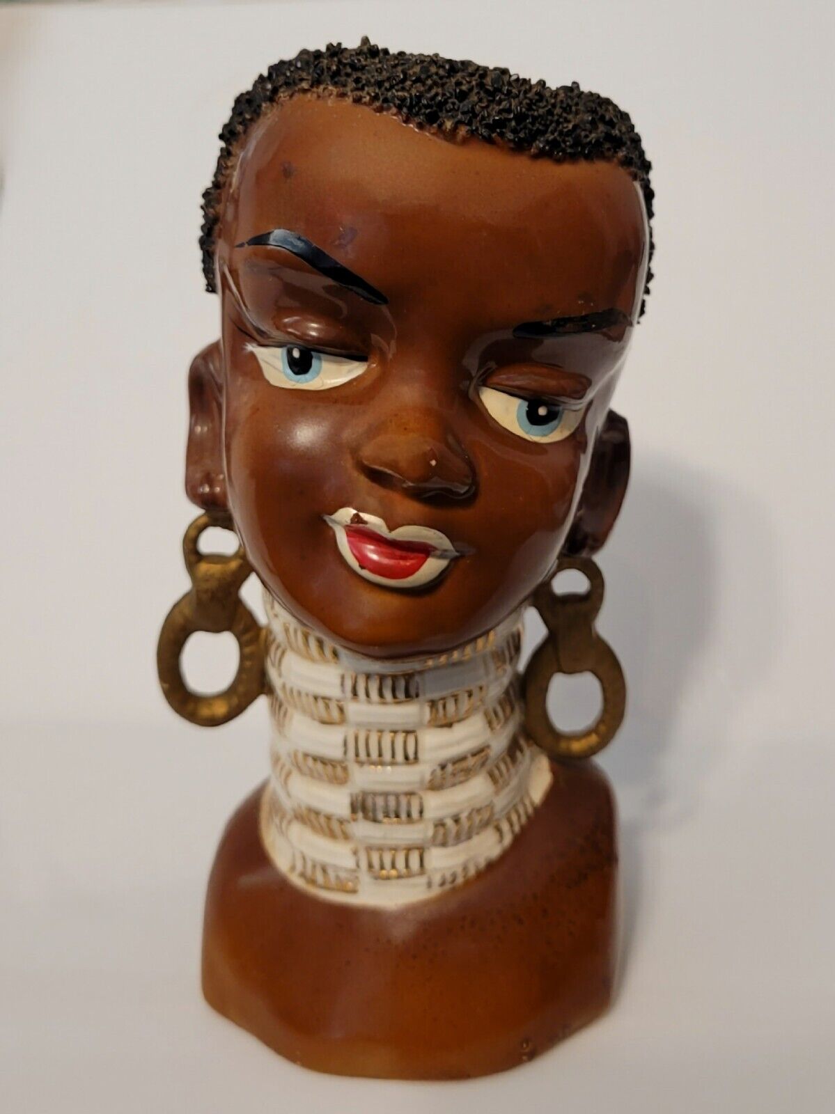 Original Vintage 1960s Black Lady Head Vase African Woman Neck Rings Earrings 