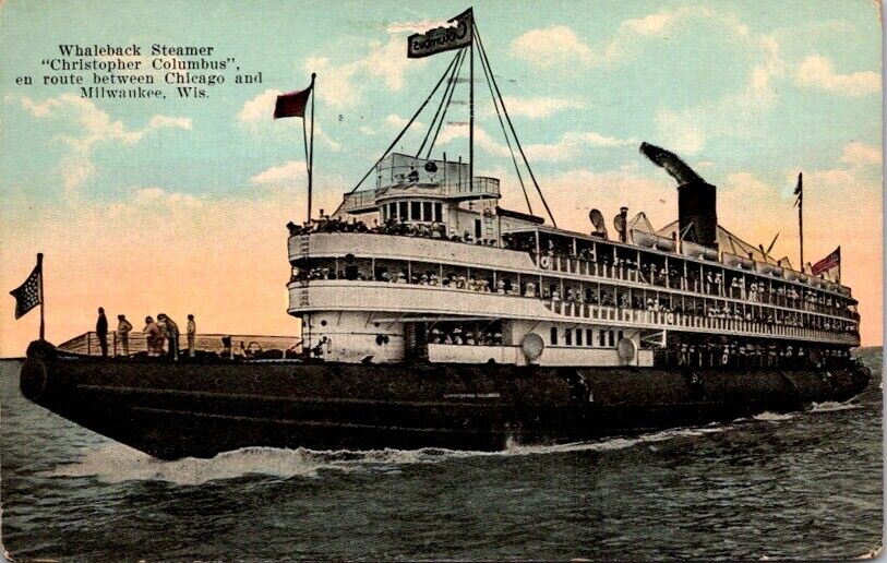 Postcard Whaleback Steamship Christopher Columbus Milwaukee Wisconsin 1922  T584