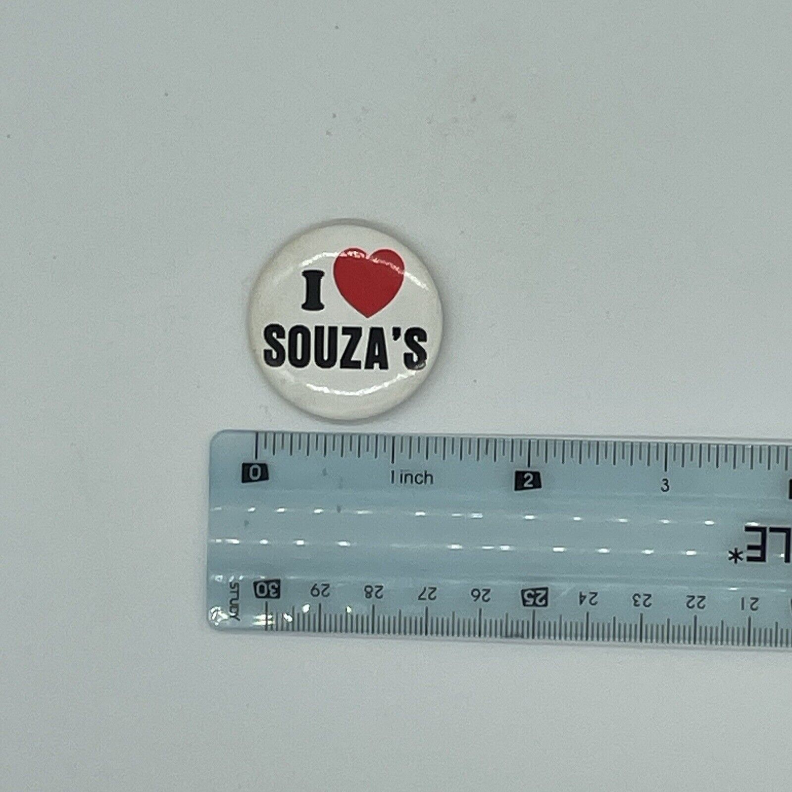 Vintage I Love Souza’s Pinback Button Pin Heart Advertising