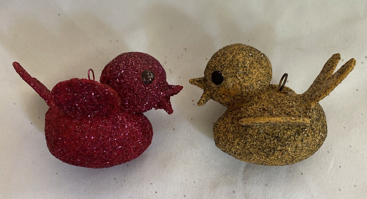 Vintage Sparkly Mica Putz Cardboard Red & Gold Bird Christmas Ornaments