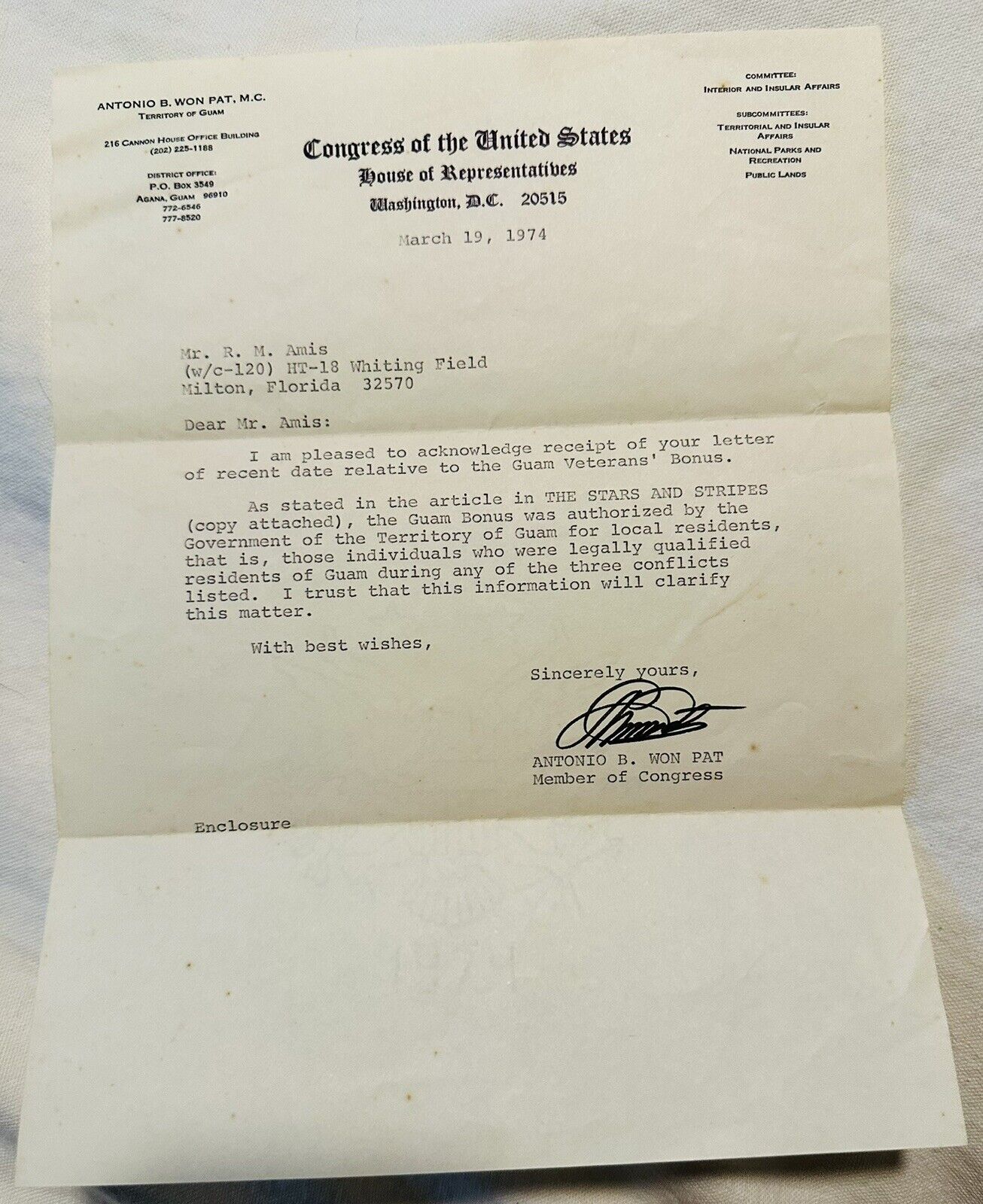 Vintage Antonio B. Won Pat (d. 1974) Signed 1963 Letter - Army Guam Veteran