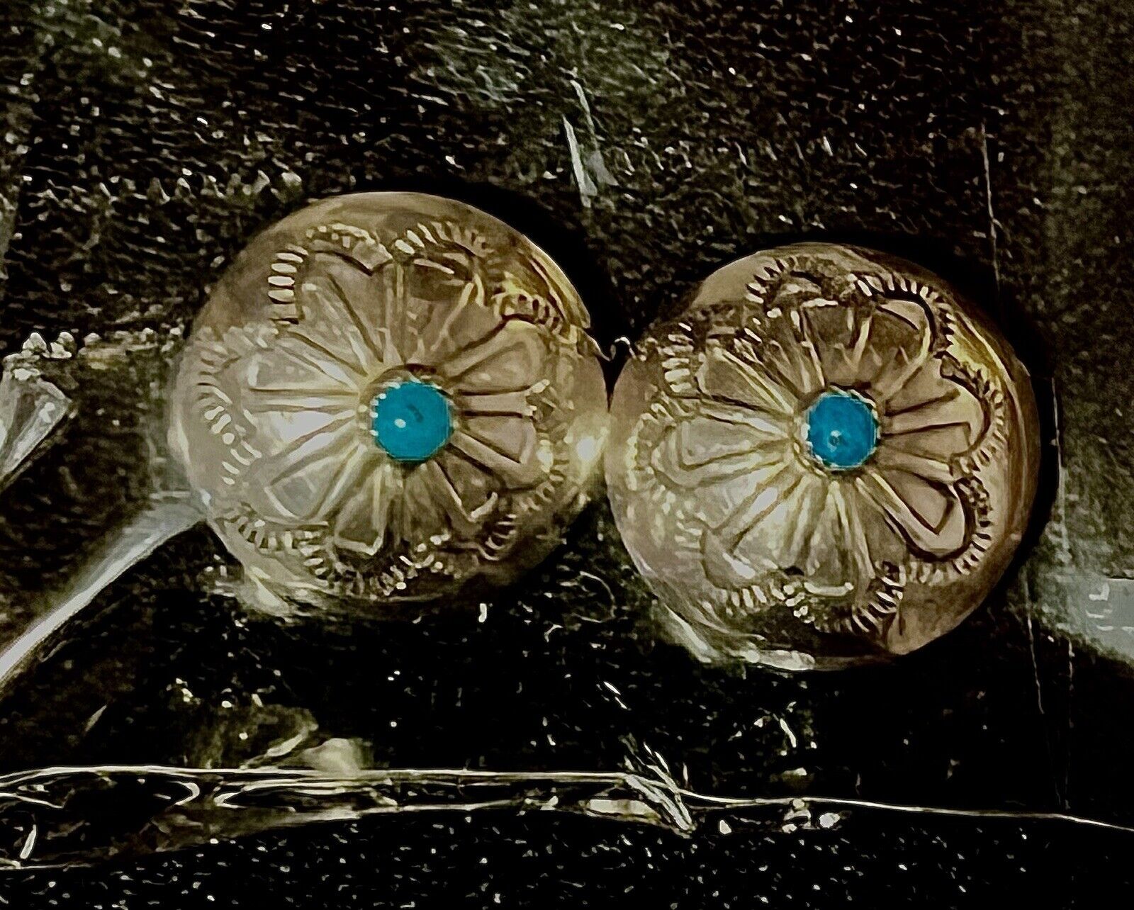 Vintage Pair Of Silver Turquoise Native American Button Covers