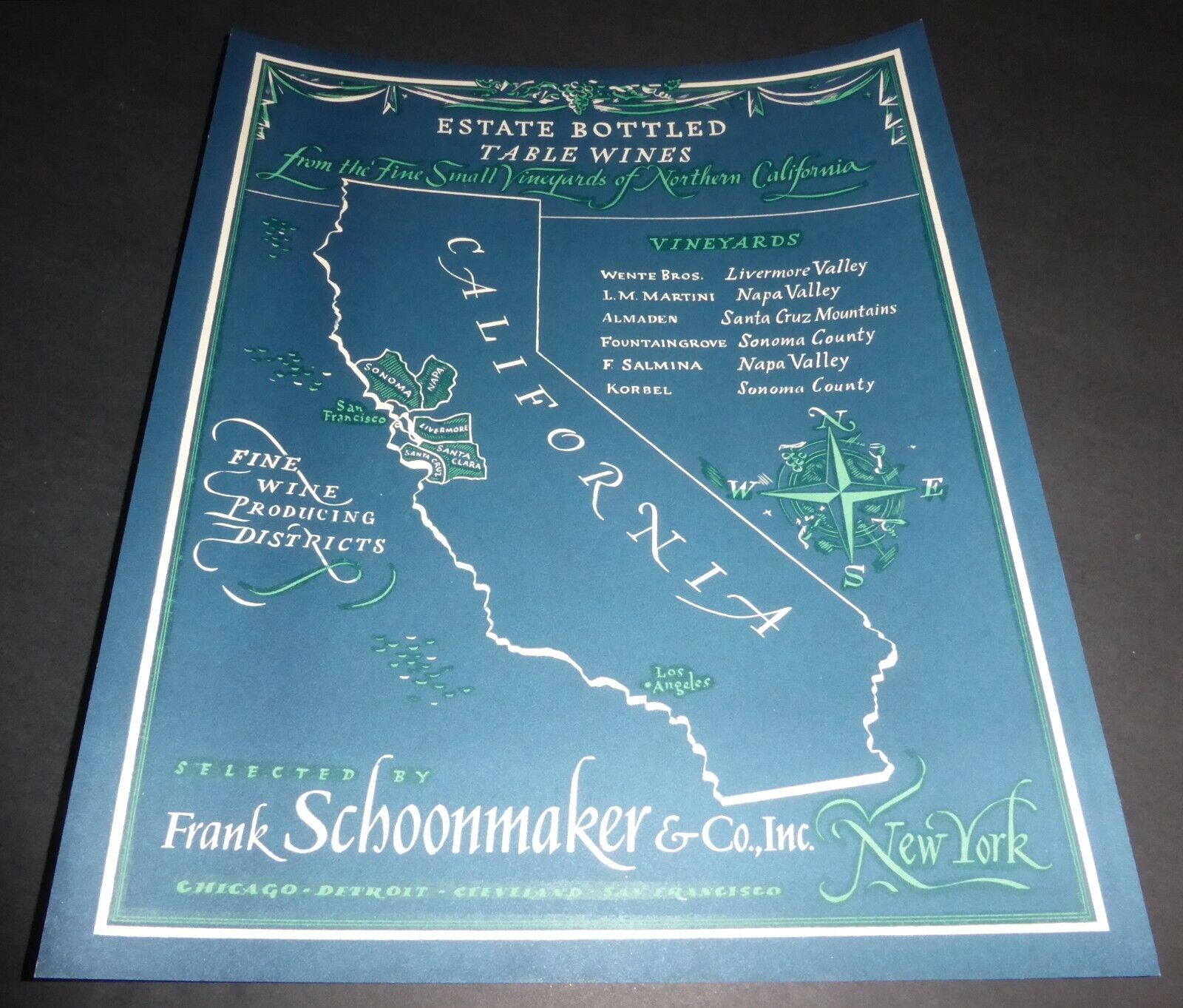 ORIGINAL VINTAGE CALIFORNIA WINE POSTER FRANK SCHOONMAKER NAPA SONOMA C1950 M39
