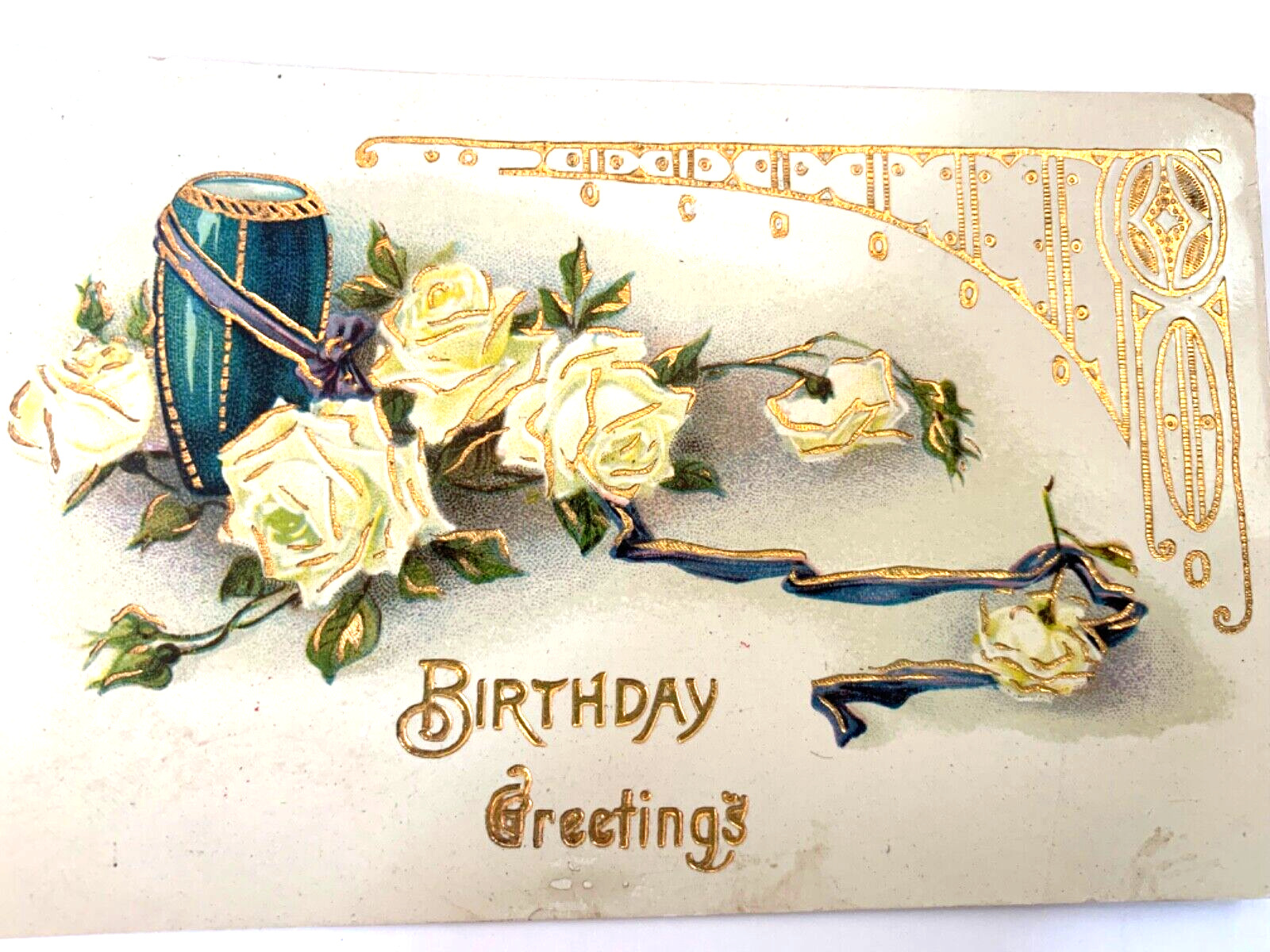 Postcard Antique Birthday Greetings 1915 White Roses Germany Postmarked Stamp