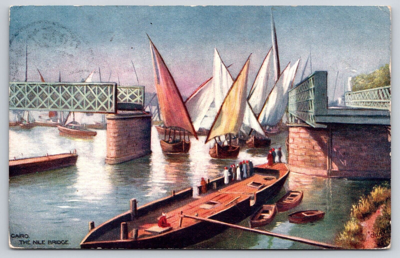 Nile Bridge Open For River Traffic Fishing Sail Boats Cairo Egypt Postcard Tucks