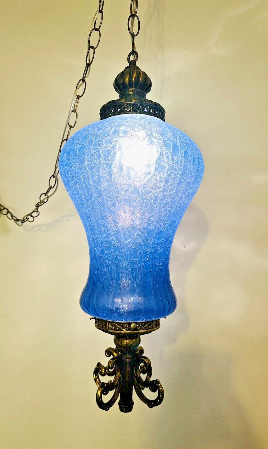 Vintage Hollywood Regency Blue Crackle Glass Hanging Swag Lamp 25\