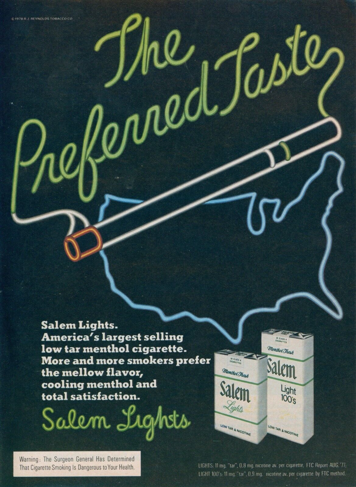 1978 Salem Lights Cigarettes Neon Lights US Map Outline Vintage Print Ad SI2