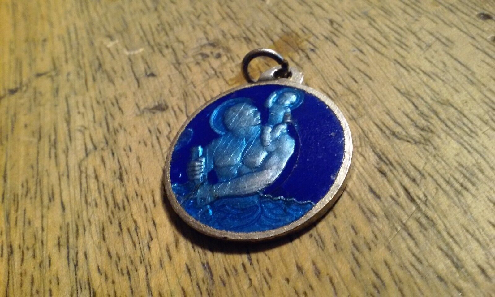 St Christopher Royal Blue Enamel Round Medal Pendant Vintage