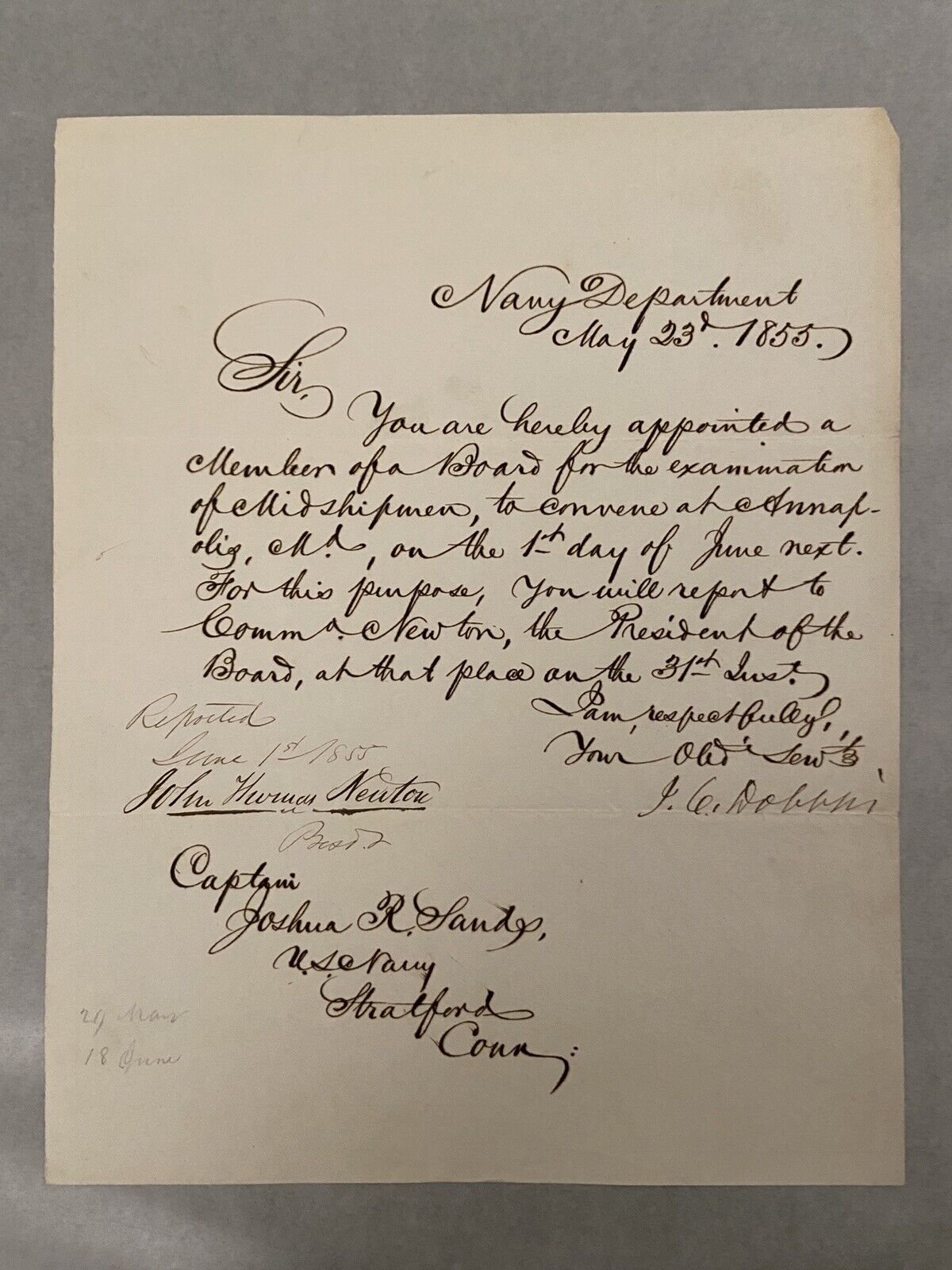 James c. Dobbin Manuscript Letter Signed 1855
