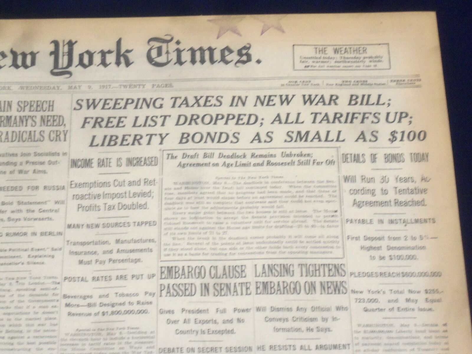 1917 MAY 9 NEW YORK TIMES - SWEEPING TAXES IN NEW WAR BILL - NT 9138