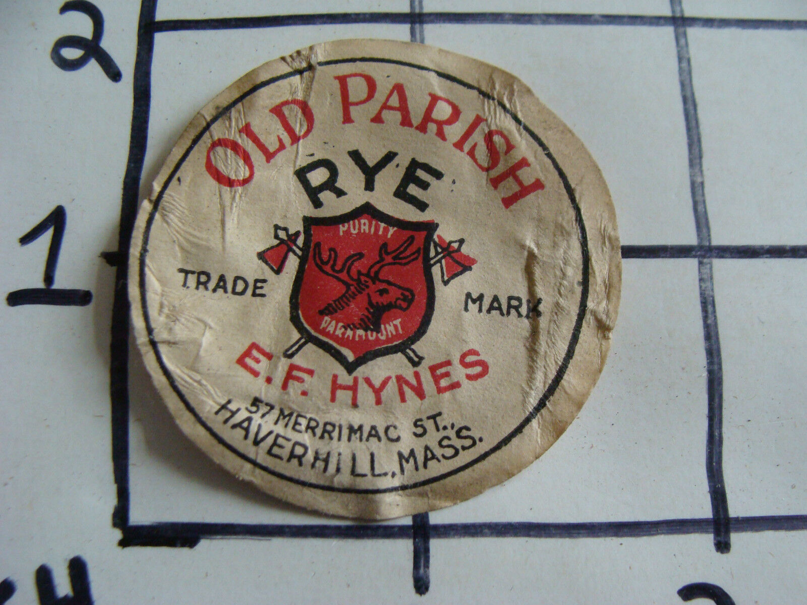 Original Vintage label: OLD PARISH RYE e.f. hynes haverhill, mass