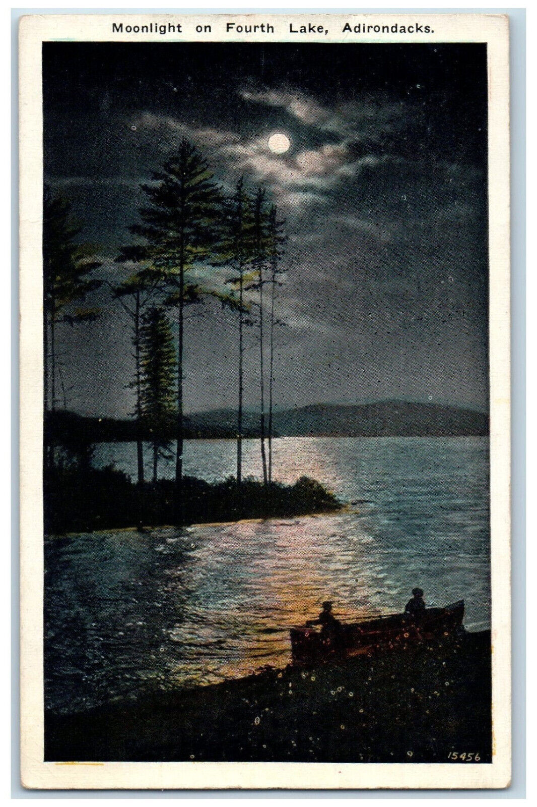 1924 Moonlight on Fourth Lake Adirondacks Mountains NY Inlet NY Posted Postcard