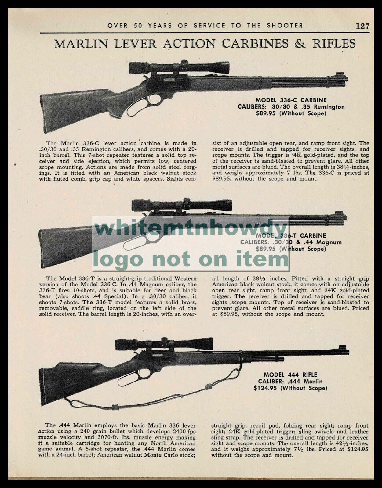1967 MARLIN 336-C, 336-T Carbine and 444 Rifle Original PRINT AD
