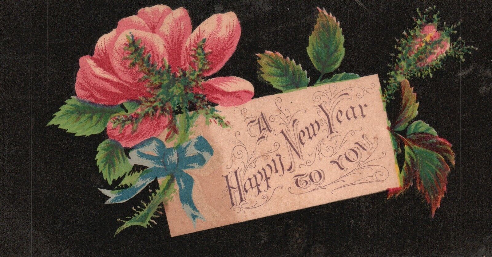 1880s-90s Pink Flower Black Background A Happy New Year To You Trade Card