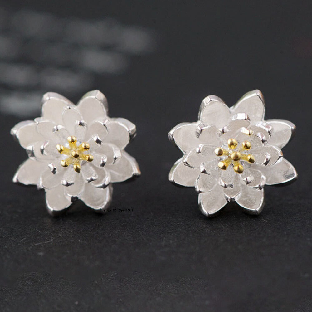 Real S925 Sterling Silver Stud Earrings Women Lotus Flower Earrings 