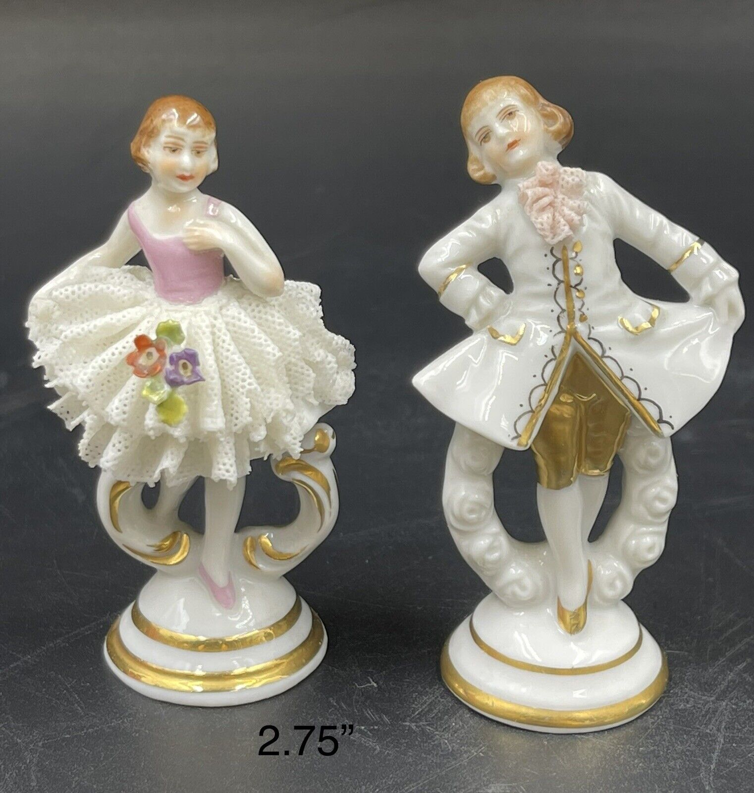 Muller Volkstedt MV German Dresden Lace Lady and Gentleman Figurines 2.75”