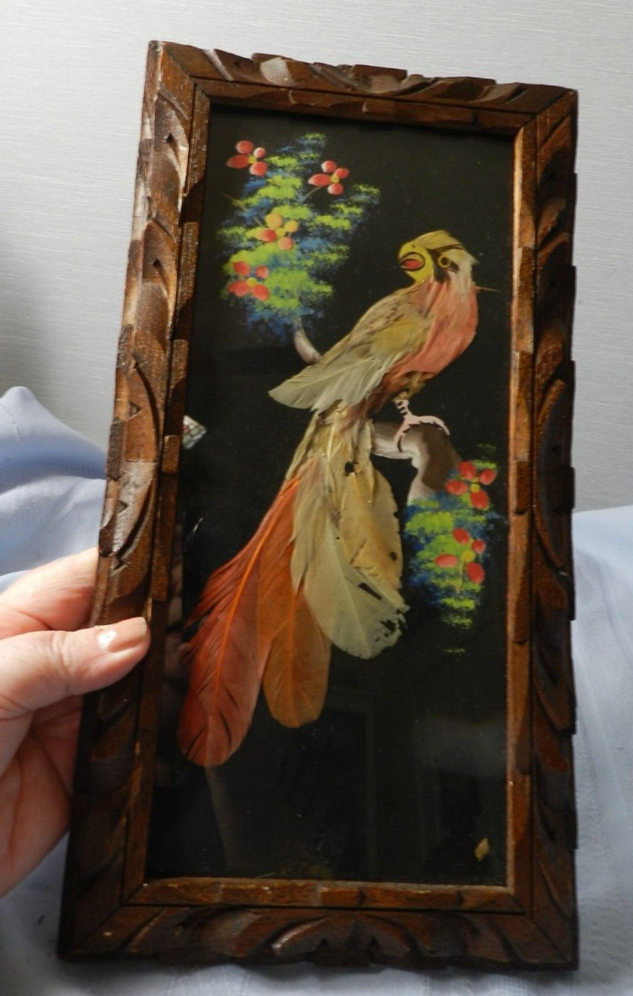 OLD Victorian Feather Bird Picture Carved Frame Handpainted