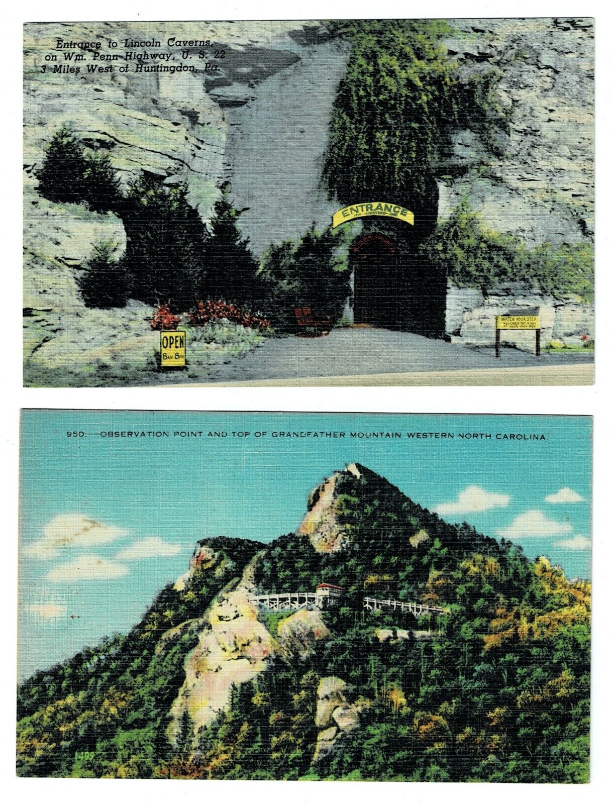 Vintage Postcards of Lincoln Caverns & Grandfather Mountain unposted