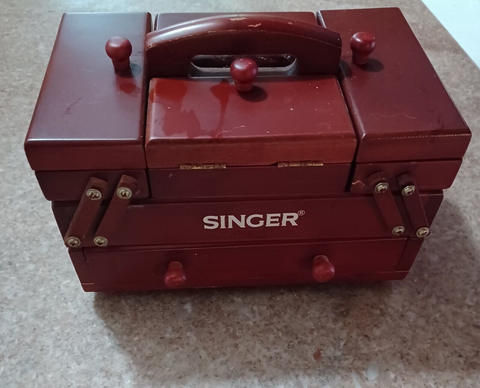 Vintage Singer Wooden Fold Out Small Sewing Notion Box Full Of Thread