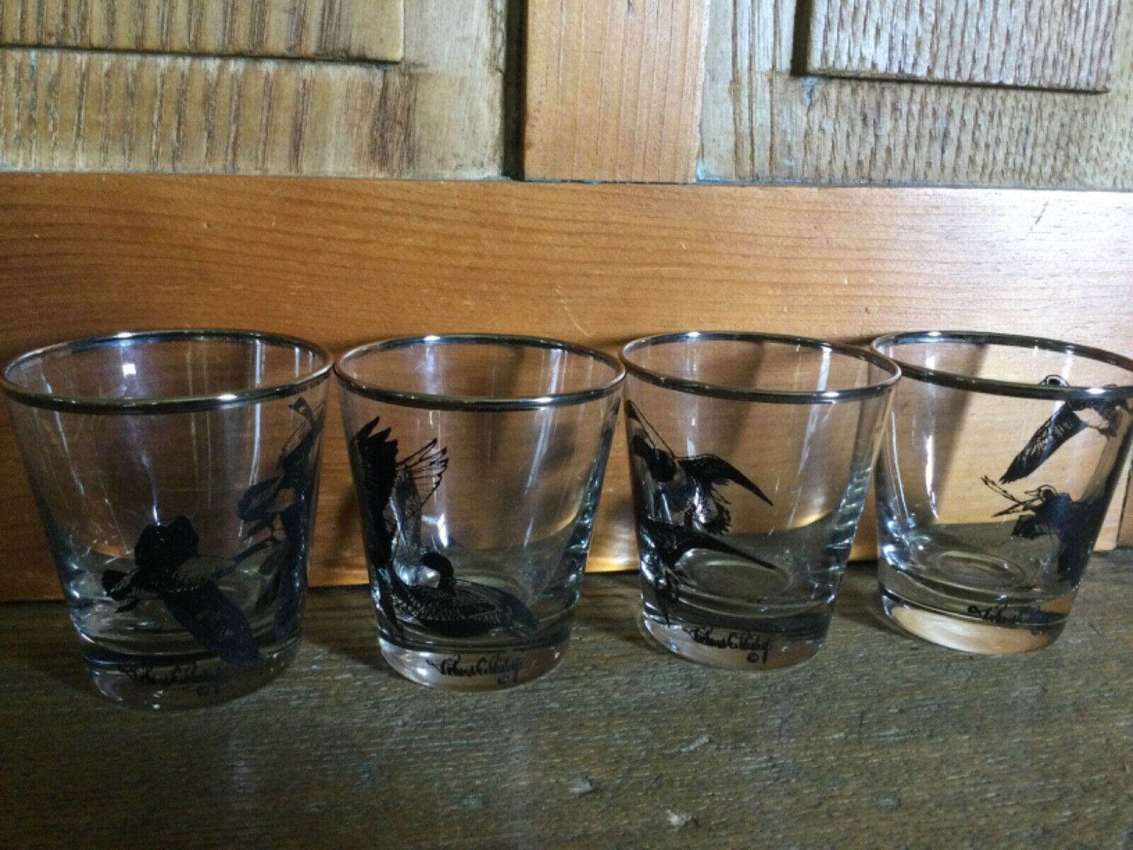 Set of Four (4) MCM RICHARD E. BISHOP Wild Game Birds Rocks Glasses