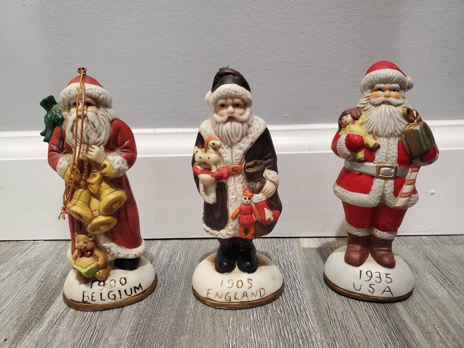 Lot of 3 Old World Santa Figurines Porcelain Vintage Belgium, USA, ENGLAND