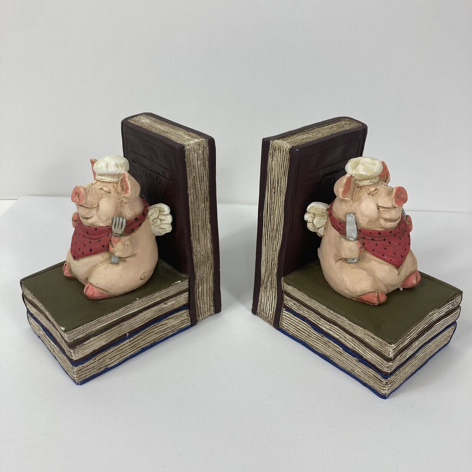 2006 Telle M Stein Book Ends Color Pig Angel Chef The Stone Bunny Left Right Set