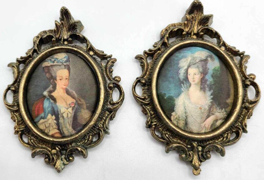 Mini Victorian Queen Marie Antoinette Metal Frame Silk Portrait Lot (2)