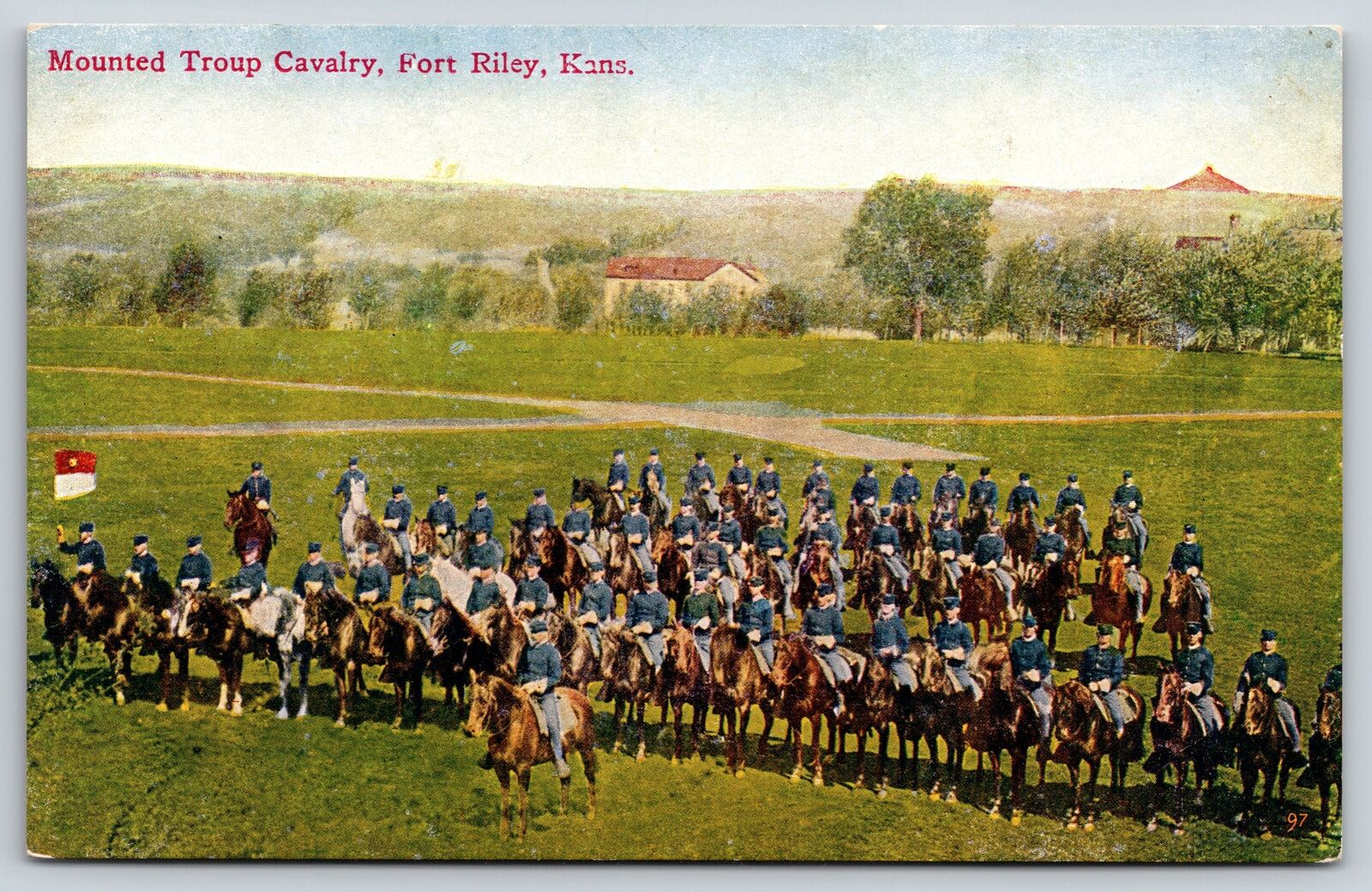 Military~Air View Mounted Troop Cavalry Fort Riley Kansas~Vintage Postcard
