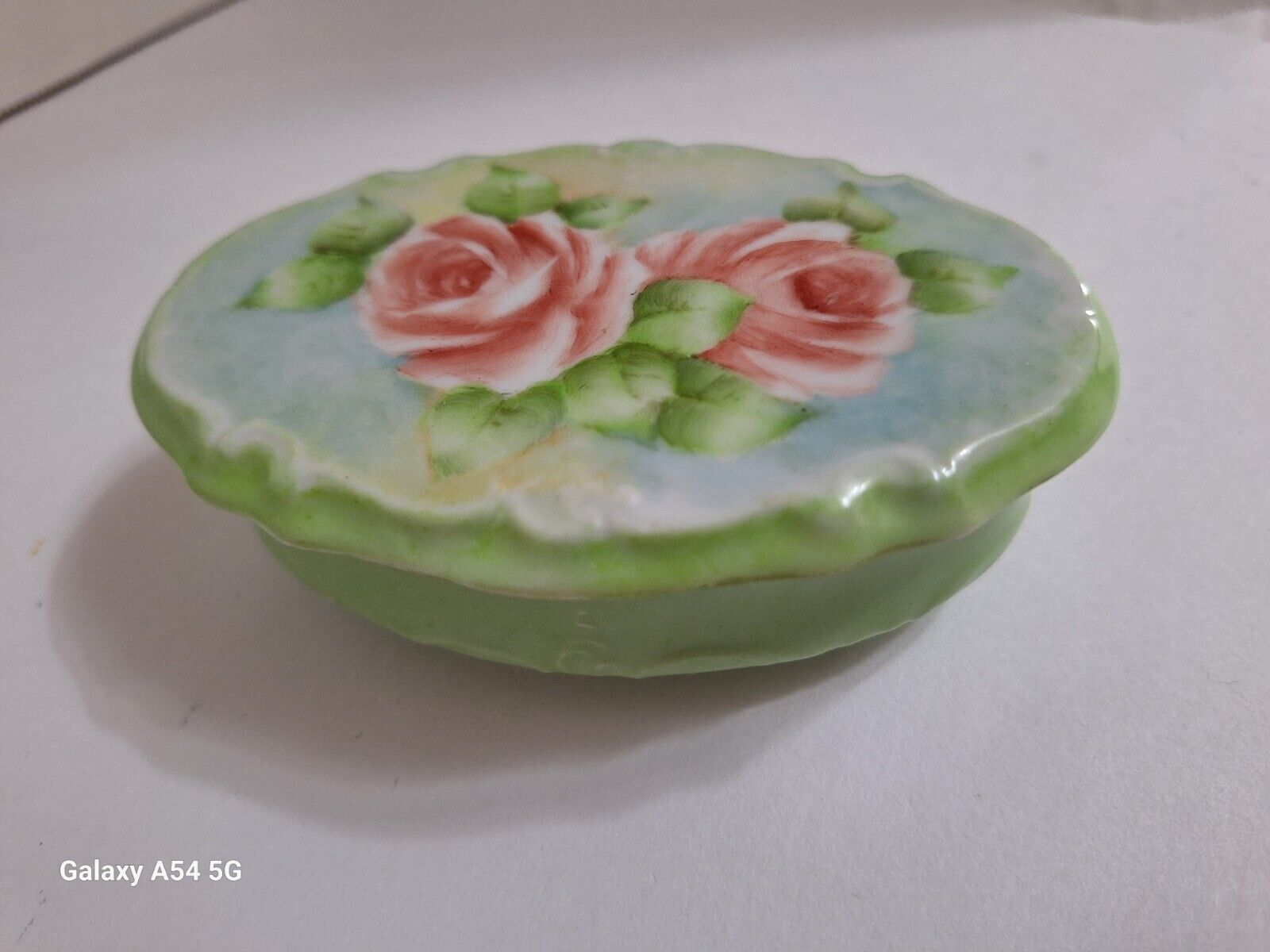 Vintage Hand Painted Porcelain Jewelry Box Oval Victorian Style Green Pink Roses