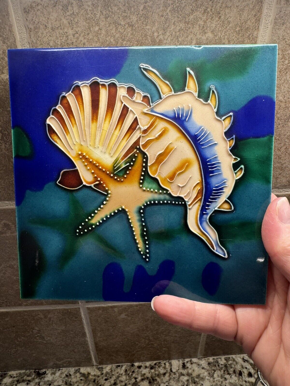 Vtg Hand Painted Ceramic Wall Tile Conch Seashell Starfish Nautical Decor