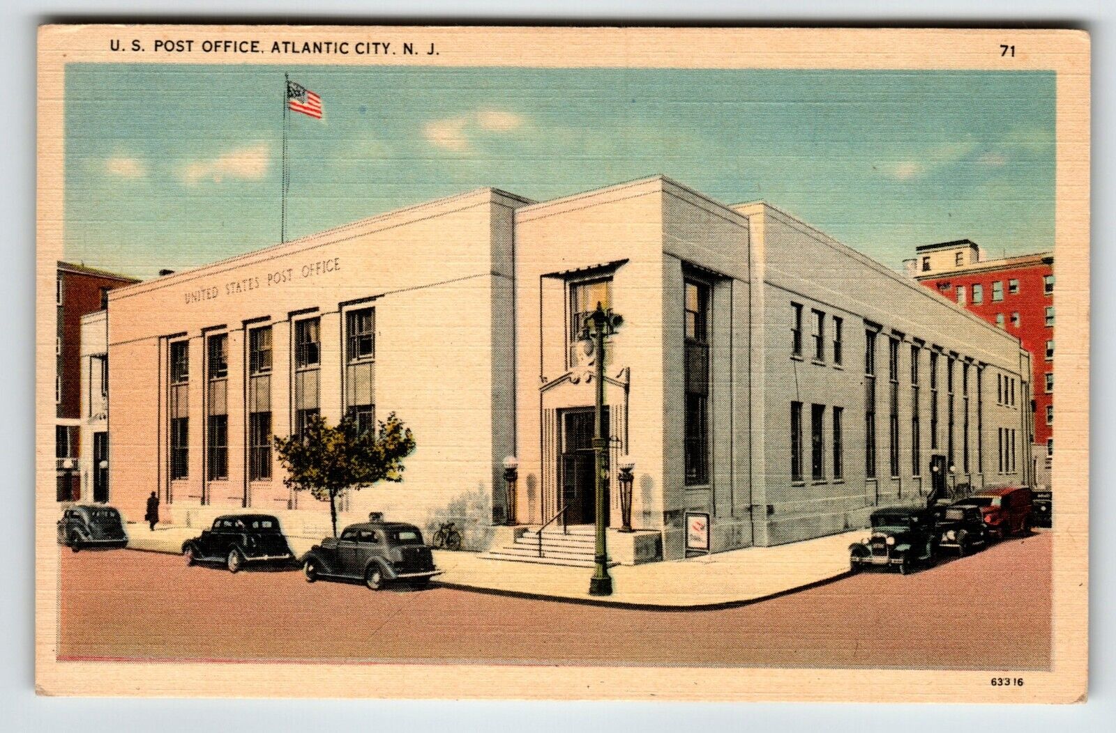 Postcard US Post Office Atlantic City New Jersey Old Cars Linen Vintage Tichnor