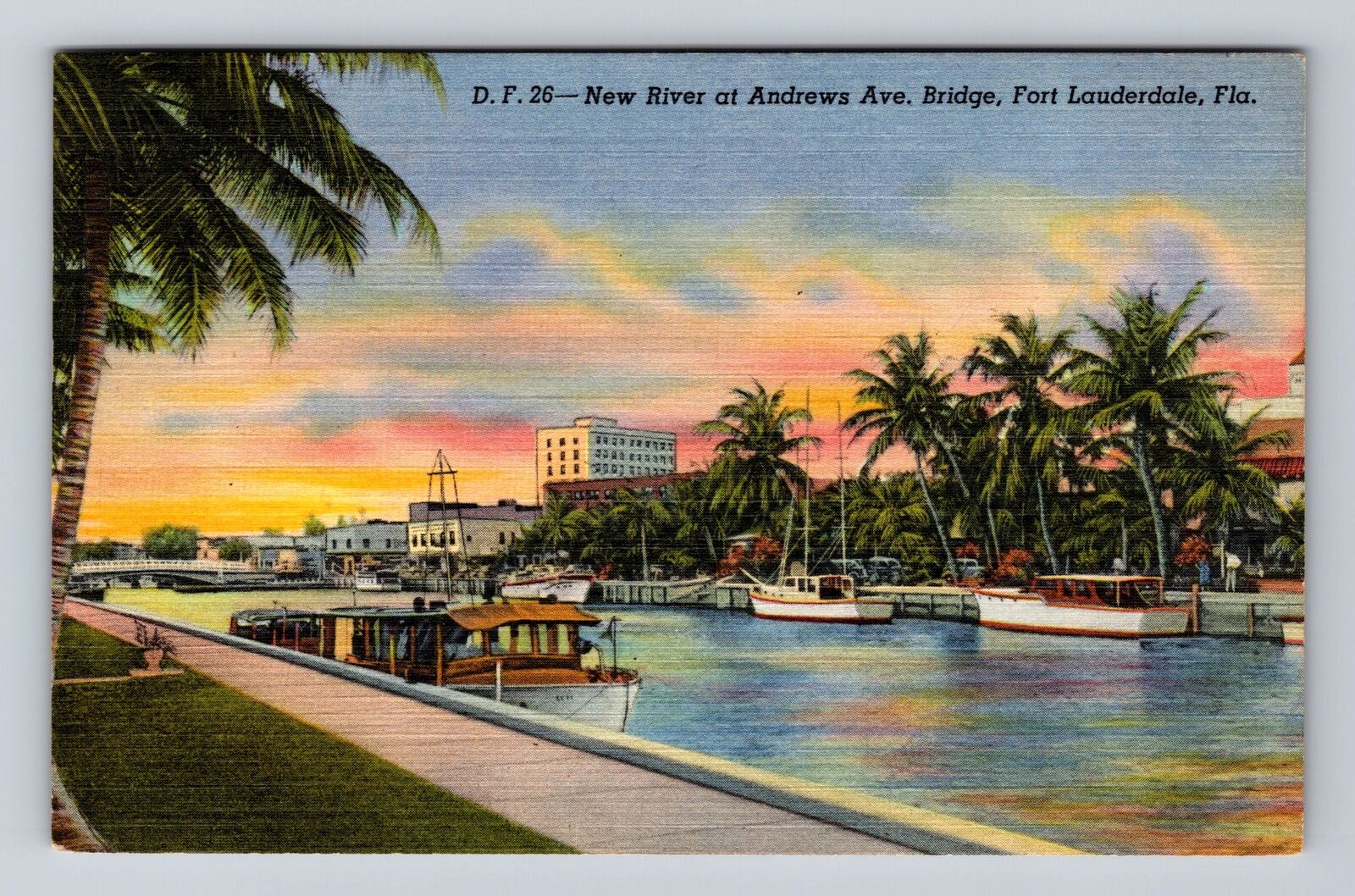Fort Lauderdale FL-Florida, River Andrews Avenue Bridge, Vintage c1954 Postcard