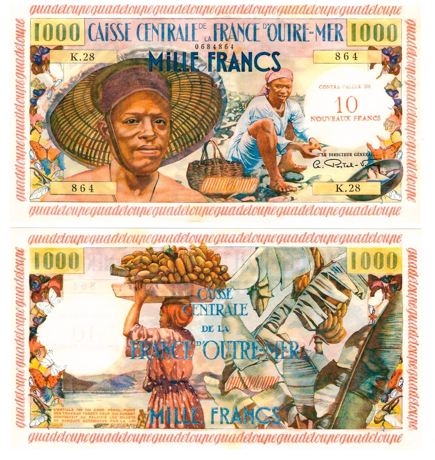 -r Reproduction Guadeloupe 10 Nouveaux Francs on 1000 Francs 1960 Pick #43 2356R