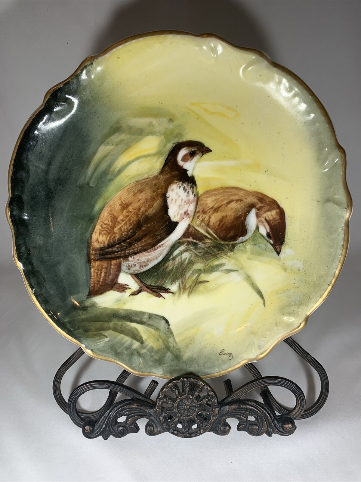 Antique Imperial Limoges France Hand Painted Birds-Quail Charger Wall Plate 11”