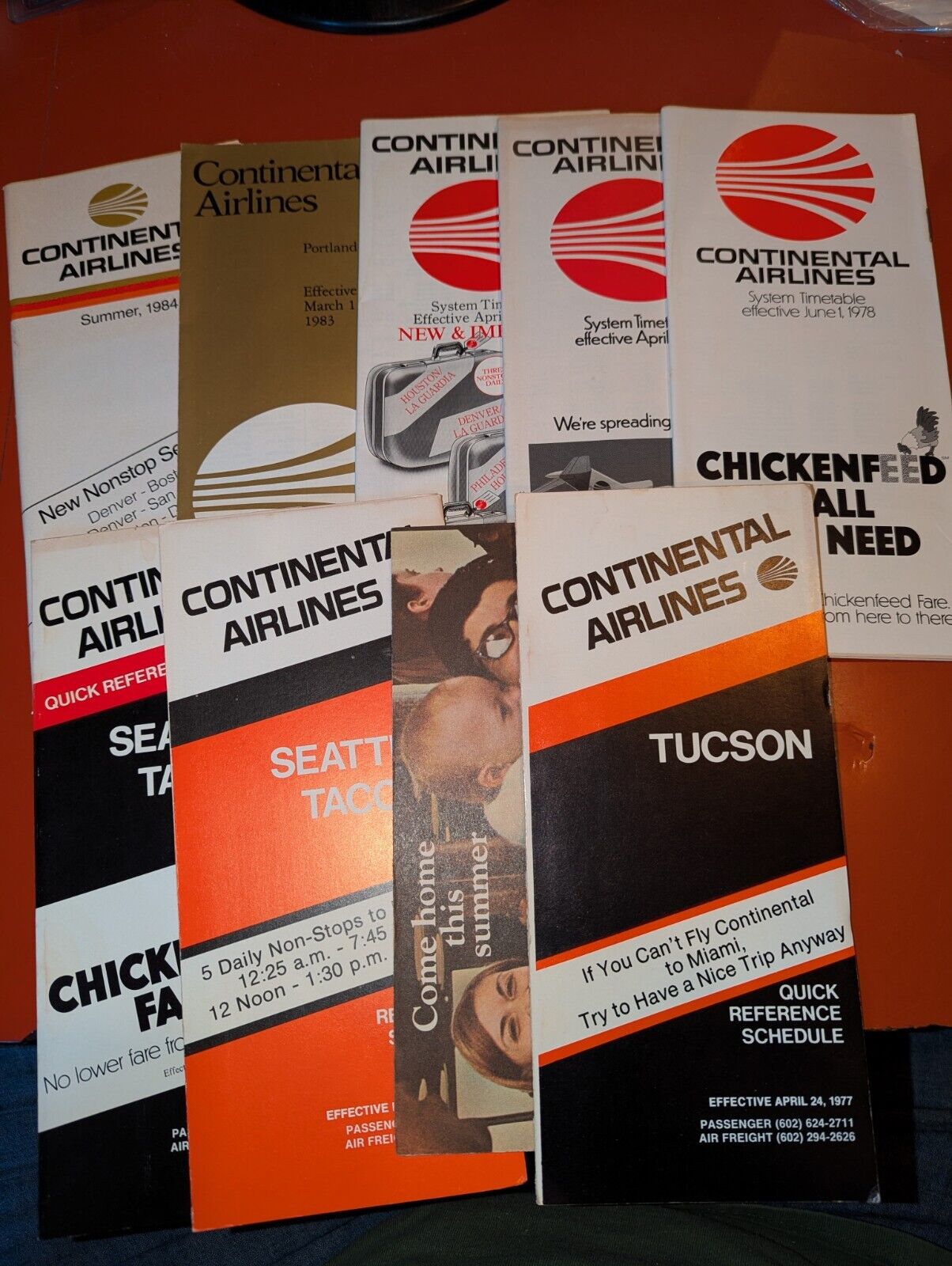 Lot of 8 Continental Airlines Timetables Schedules Brochures 1977-1984