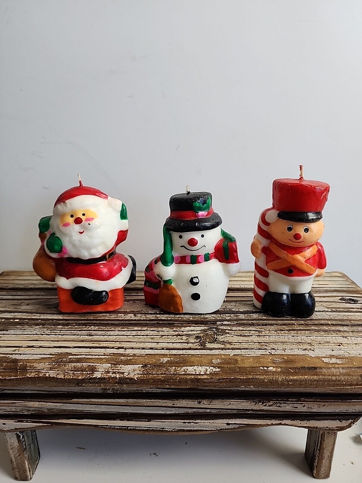 Lot of 3 vintage shaped candles (1 snowman, 1 Santa, and 1 Toy Soldier)