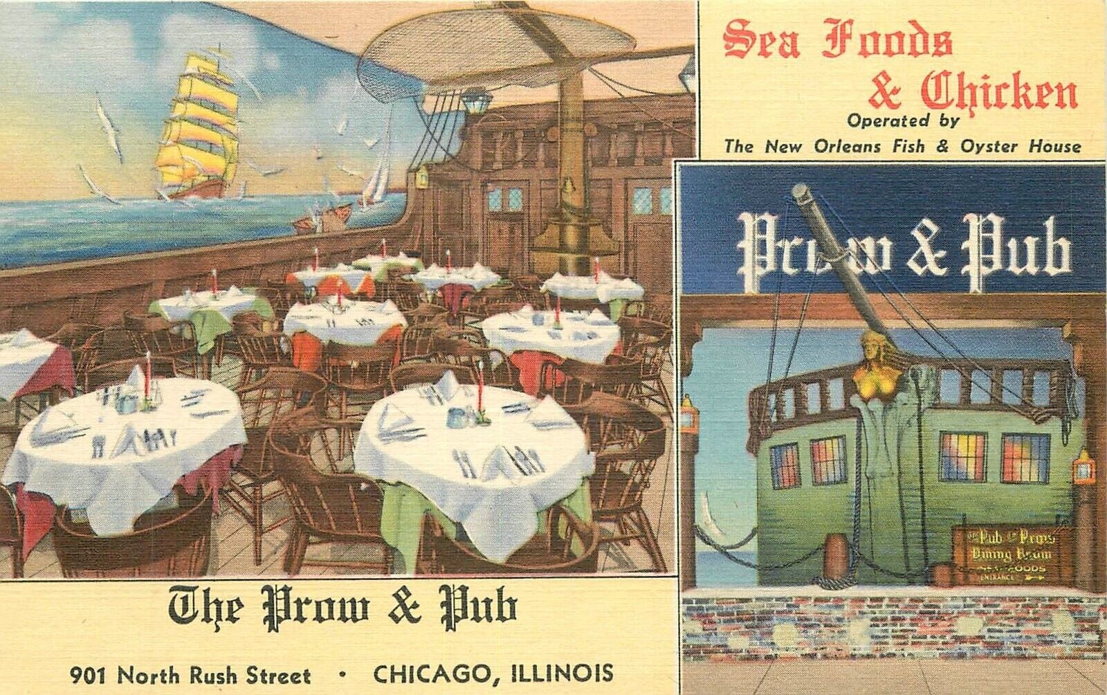 Postcard Illinois Chicago Prow & Pub Seafood Chicken Restaurant Teich 23-7821