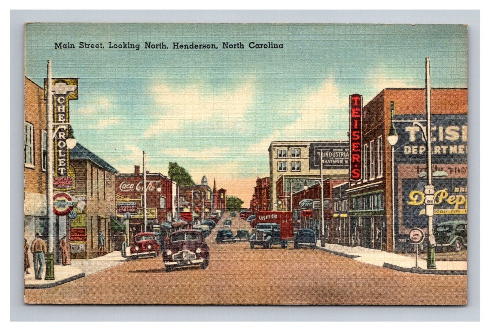 Postcard Henderson North Carolina Main Street View Old Cars Coca Cola Chevrolet