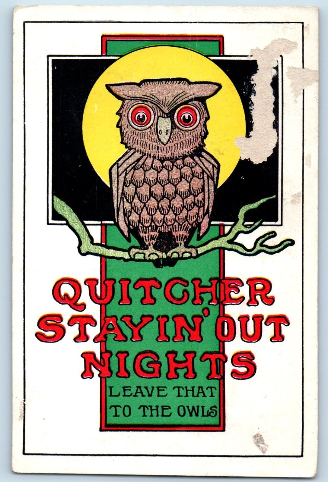 Owl Postcard Quitcher Stayin Out Nights Leave That To The Owls c1910\'s Antique
