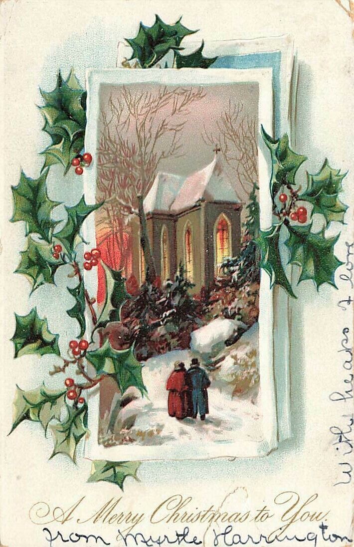 c1905 Raphael Tuck Holly Post Cards Church People Christmas  P252