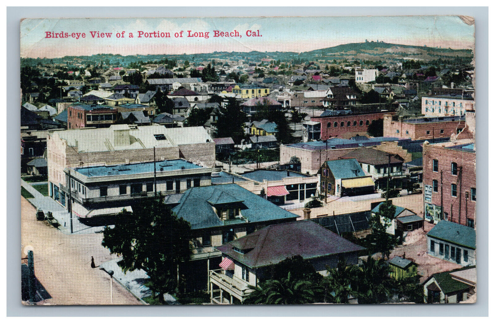 1916 Long Beach CA Birds Eye View Streets Buildings California Hand Colored