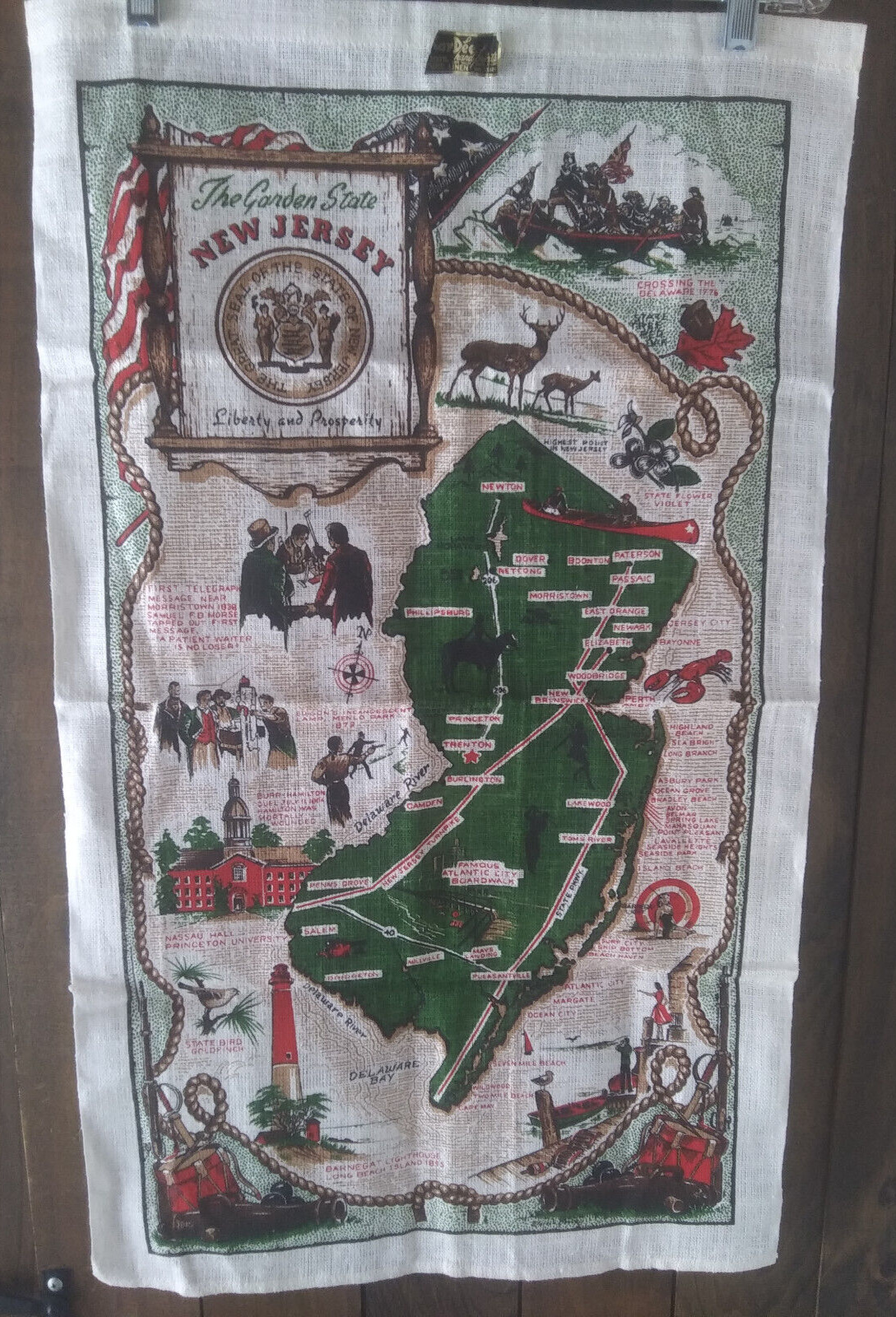 NOS Vtg Kay Dee Hand Prints New Jersey Map Liberty & Prosperity Linen Tea Towel