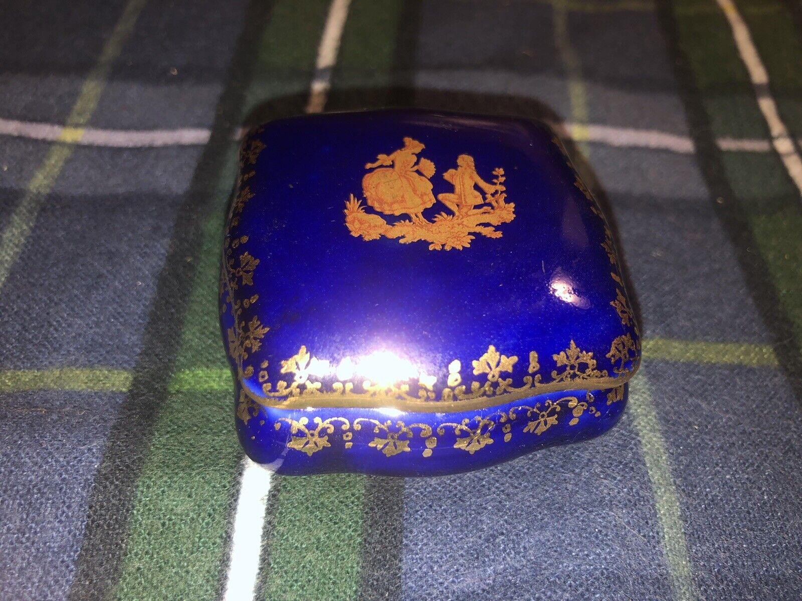 Vintage Limoges Made In France Cobalt Trinket Box With Gold Trim 